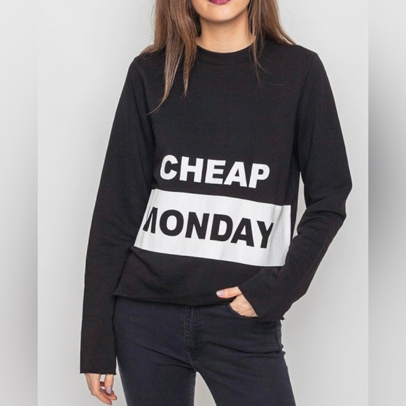 Cheap Monday Coach Block Logo Black and White Crewneck Long Sleeve Boxy Sweater - Picture 1 of 12